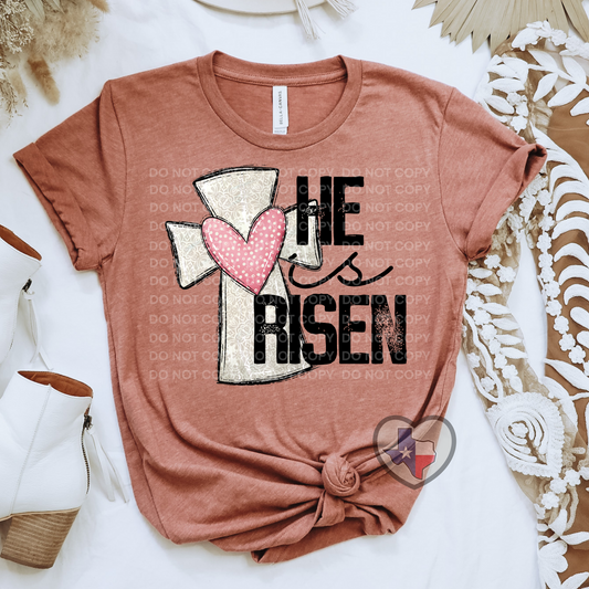 He Is Risen Heart Cross DTF
