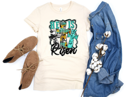 He Is Risen Turquoise Cross DTF